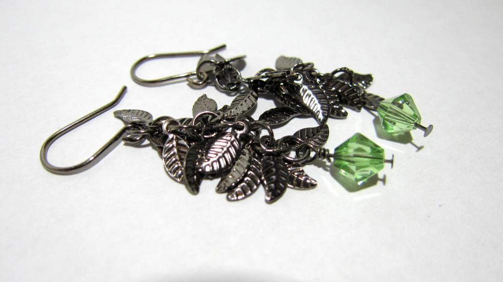 Gunmetal Leaf Earrings with Peridot Swarovski Crystal