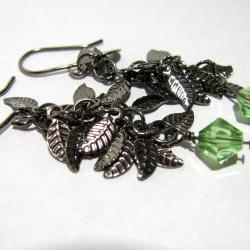 Gunmetal Leaf Earrings with Peridot Swarovski Crystal
